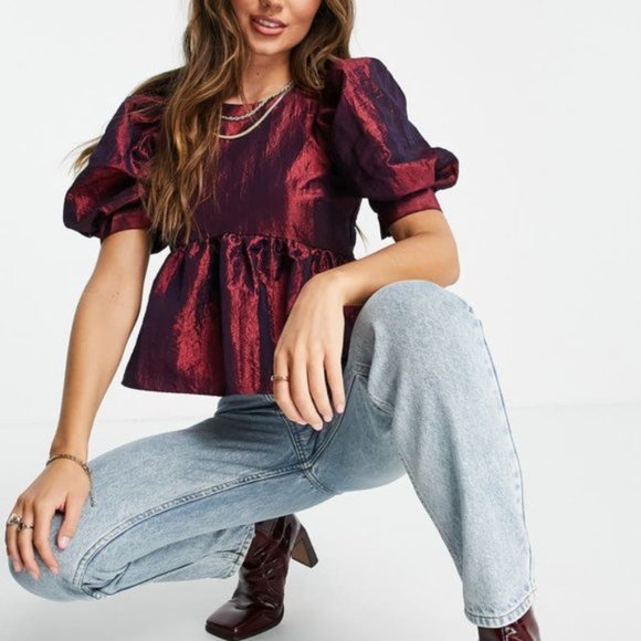 ASOS Metallic Bubble Puff Sleeve Taffeta Top Deep Red - Picture 9 of 10